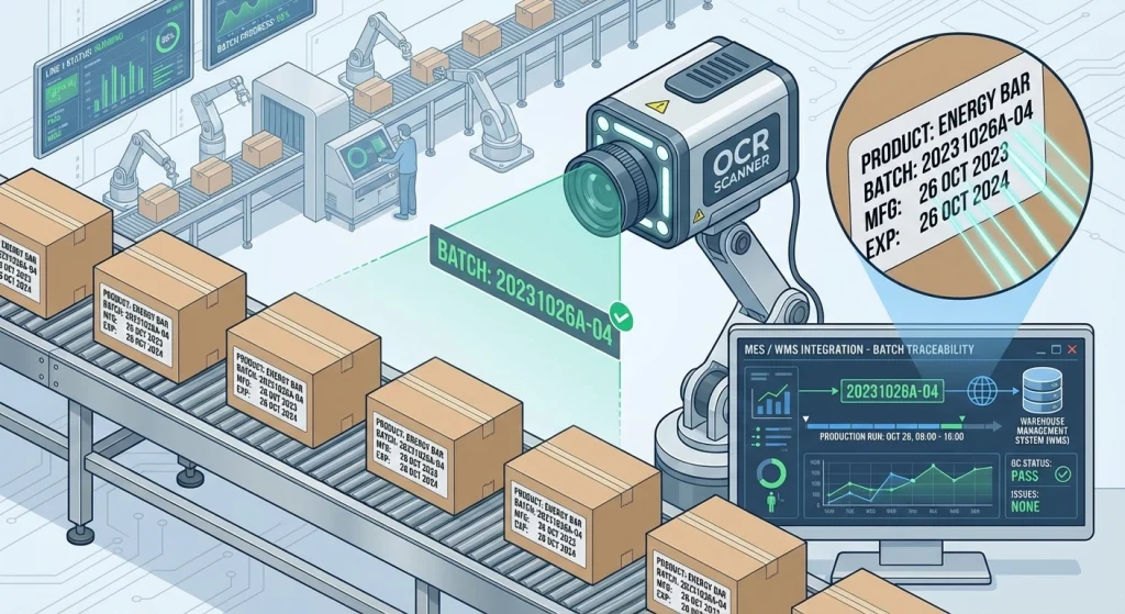 OCR صنعتی تشخیص متن از تصویر بارکدخوان صنعتی رهگیری محصول رهگیری در زنجیره تأمین خواندن تاریخ تولید و انقضا استخراج شماره سریال تشخیص کد بچ بینایی ماشین صنعتی اتوماسیون کنترل کیفیت