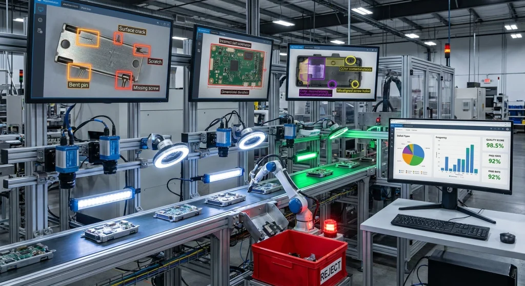 پردازش تصویر صنعتی سیستم تضمین کیفیت آنی جداسازی قطعات معیوب بینایی ماشین (Machine Vision) کنترل کیفیت هوشمند در خط تولید بازرسی خودکار محصولات تشخیص عیب با پردازش تصویر افزایش بهره‌وری خط تولید سیستم بازرسی تصویری صنعتی اتوماسیون کنترل کیفیت