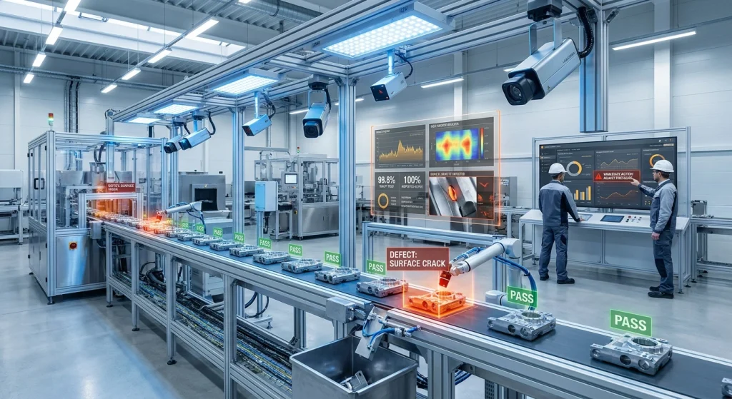 پردازش تصویر صنعتی سیستم تضمین کیفیت آنی جداسازی قطعات معیوب بینایی ماشین (Machine Vision) کنترل کیفیت هوشمند در خط تولید بازرسی خودکار محصولات تشخیص عیب با پردازش تصویر افزایش بهره‌وری خط تولید سیستم بازرسی تصویری صنعتی اتوماسیون کنترل کیفیت